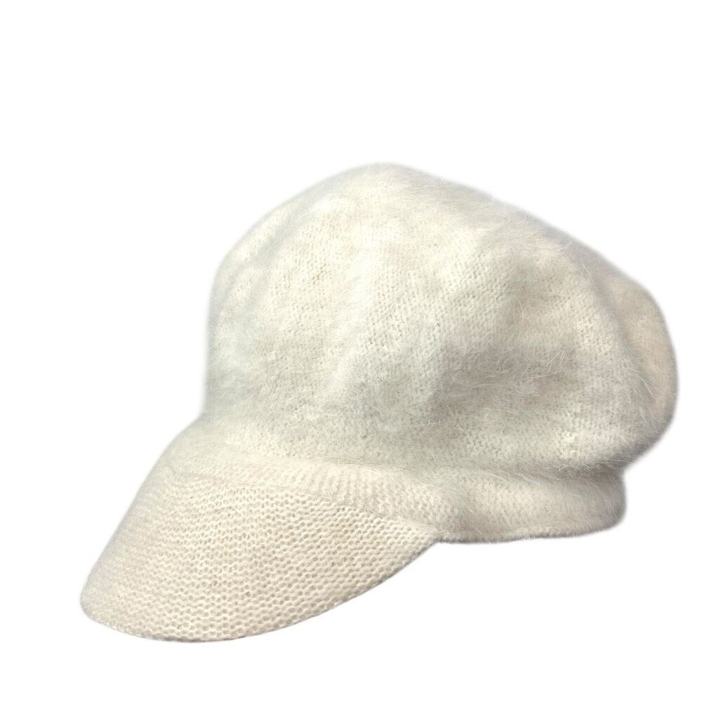 Beret Visor Cap Hat Womens Cream Fuzzy Angora Rabbit Hair Wool Blend White Soft